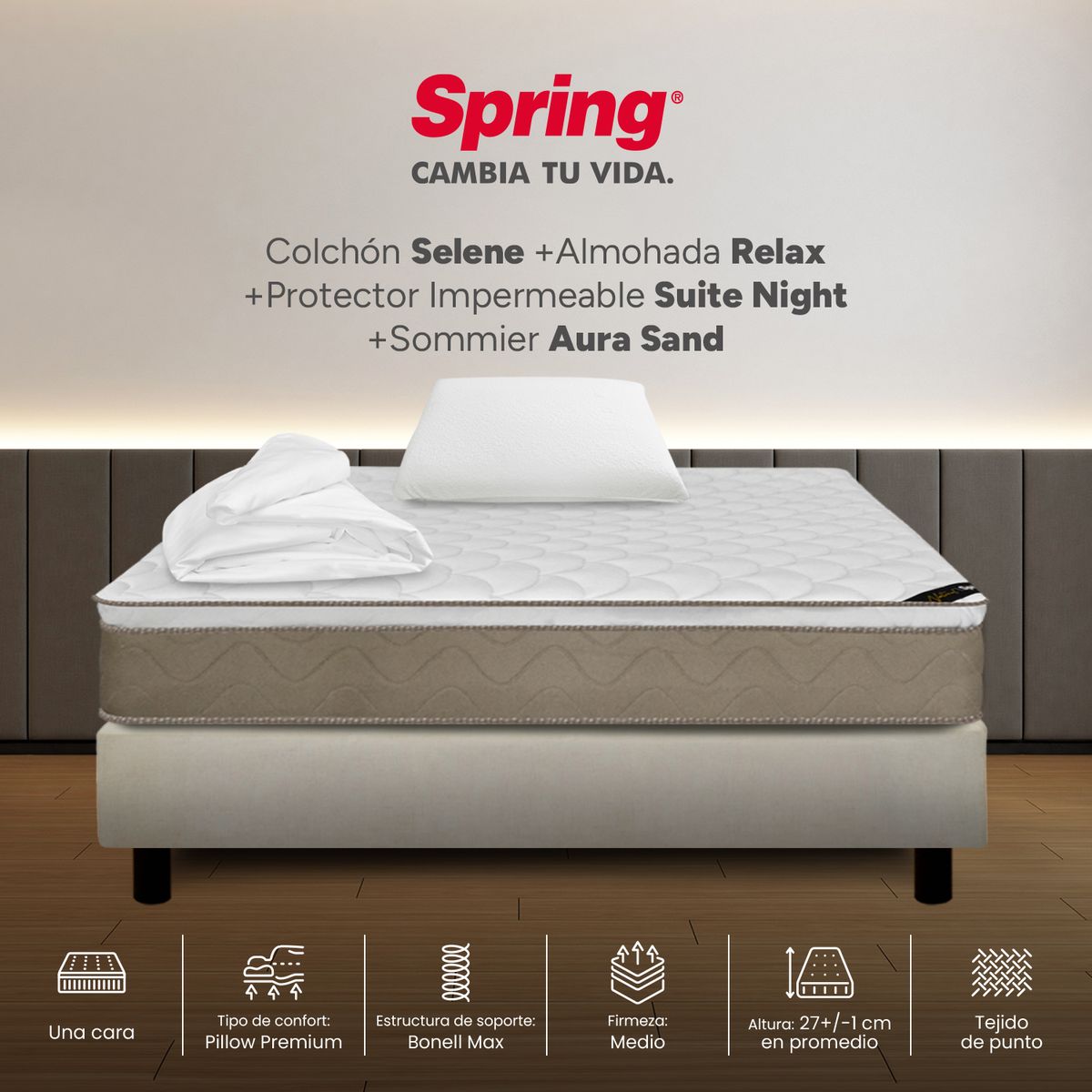 COLCHONES SPRING - Colchón Spring Sencillo Con Base Cama Firmeza Media Ortopédico Resortado Selene 100 x 190 cm + Almohada + Protector