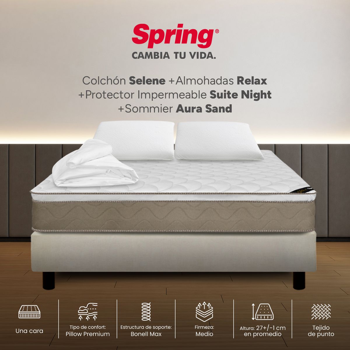 COLCHONES SPRING - Colchón Spring Semidoble Con Base Cama Firmeza Media Ortopédico Resortado Selene 120 x 190 cm + Almohada + Protector