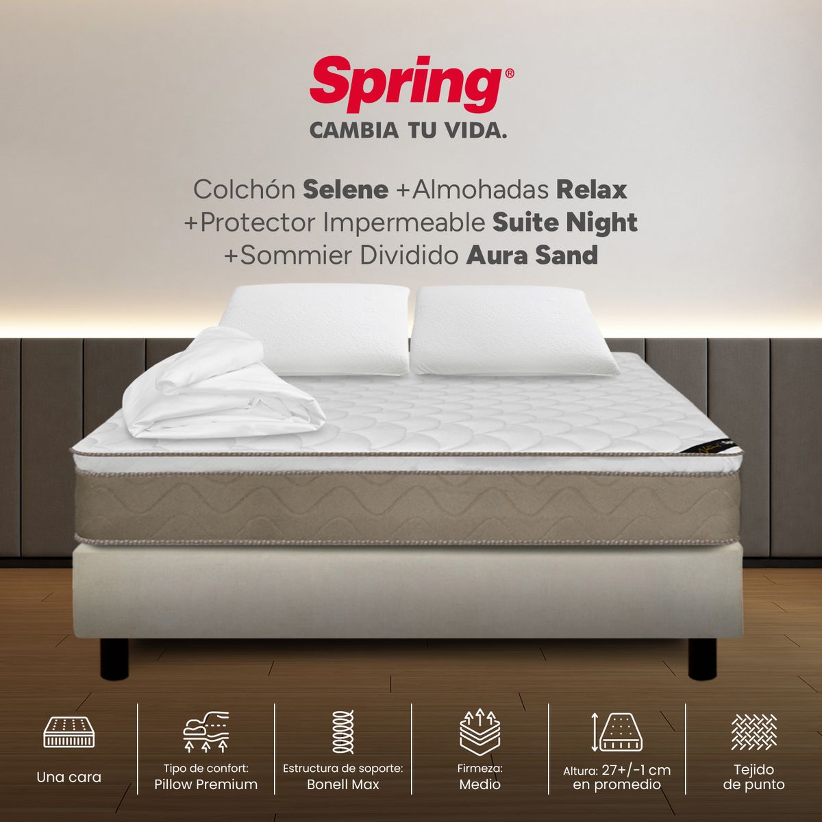 COLCHONES SPRING - Colchón Spring Doble Con Base Cama Firmeza Media Ortopédico Resortado Selene 140 x 190 cm + 2 Almohadas + Protector
