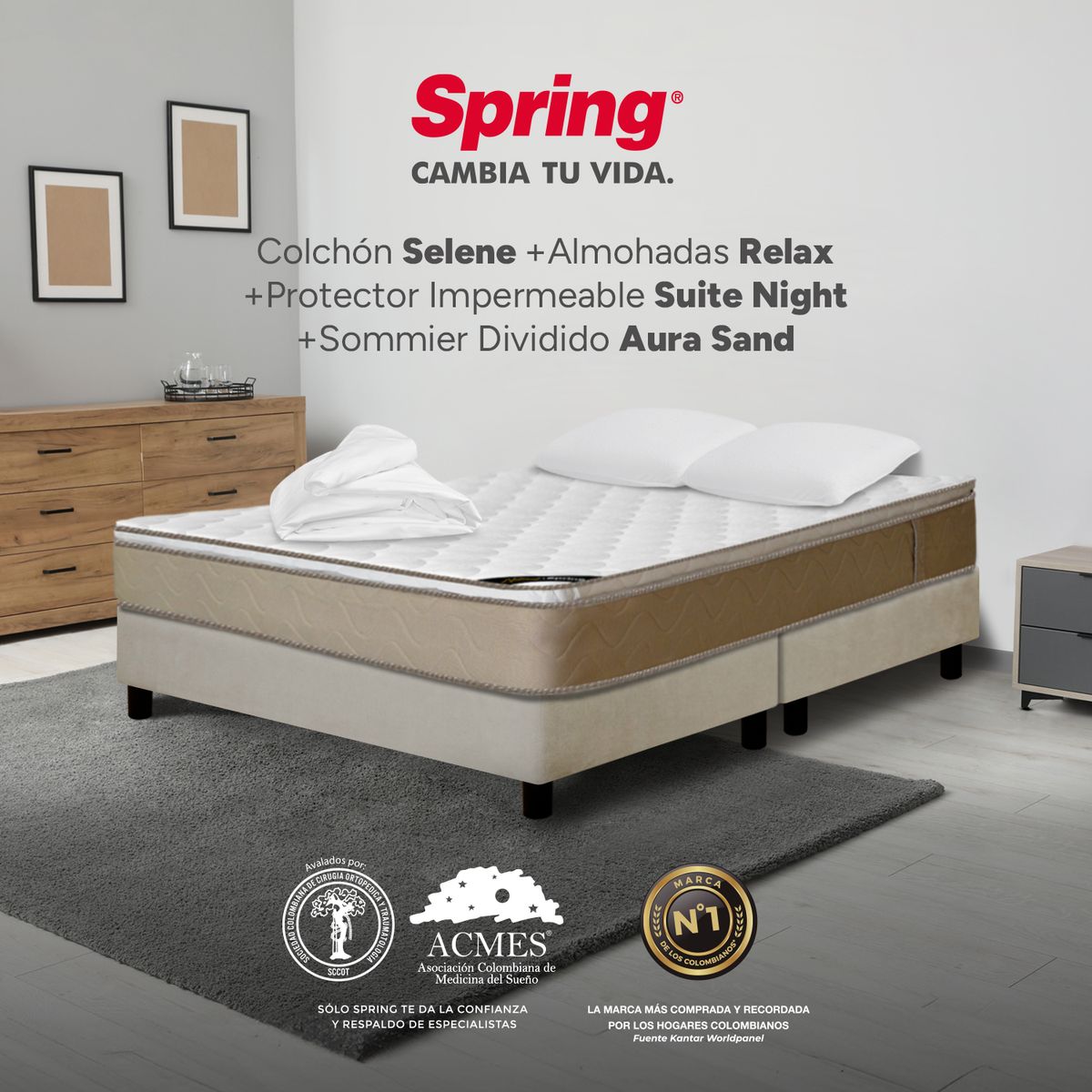COLCHONES SPRING - Colchón Spring Doble Con Base Cama Firmeza Media Ortopédico Resortado Selene 140 x 190 cm + 2 Almohadas + Protector