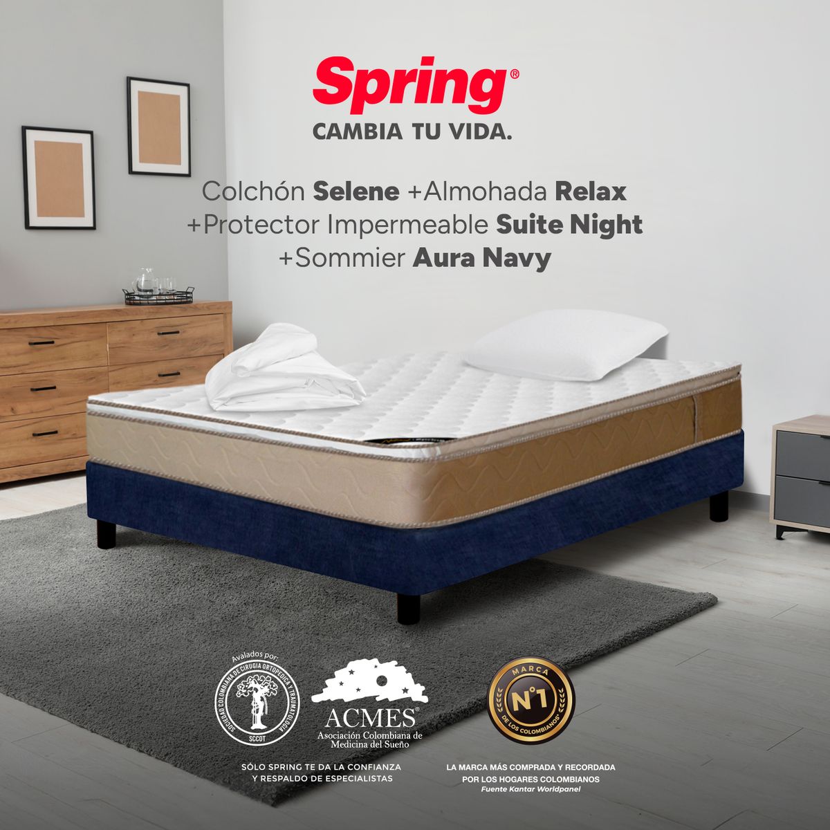 COLCHONES SPRING - Colchón Spring Semidoble Con Base Cama Firmeza Media Ortopédico Resortado Selene 120 x 190 cm + Almohada + Protector