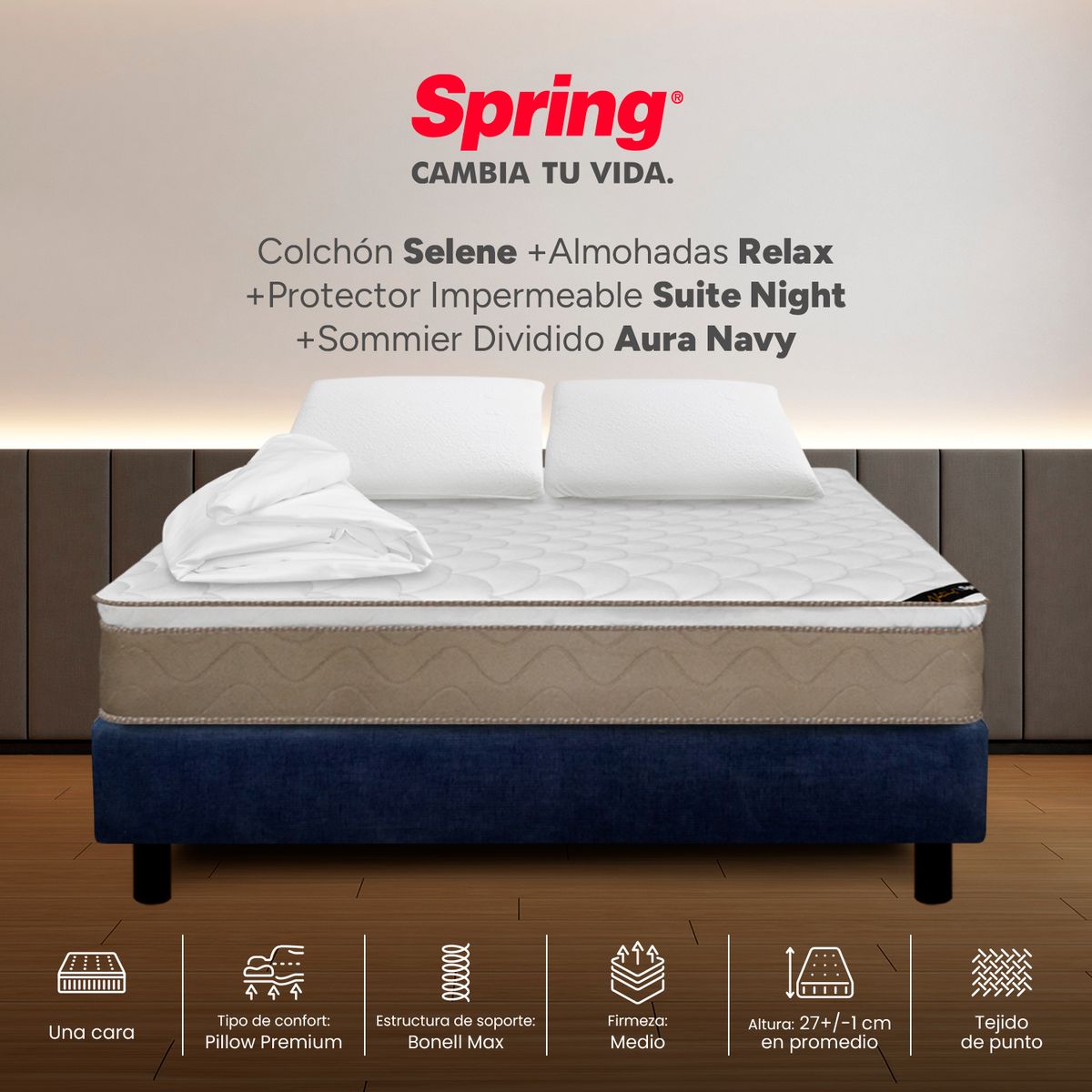 COLCHONES SPRING - Colchón Spring Doble Con Base Cama Firmeza Media Ortopédico Resortado Selene 140 x 190 cm + 2 Almohadas + Protector
