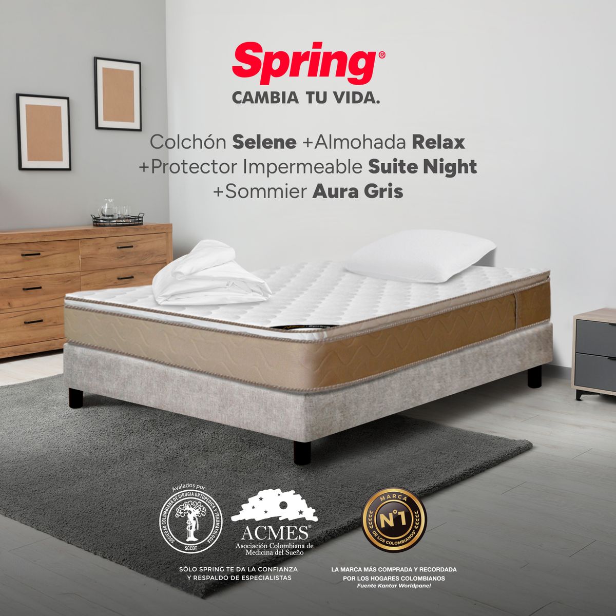 COLCHONES SPRING - Colchón Spring Sencillo Con Base Cama Firmeza Media Ortopédico Resortado Selene 100 x 190 cm + Almohada + Protector