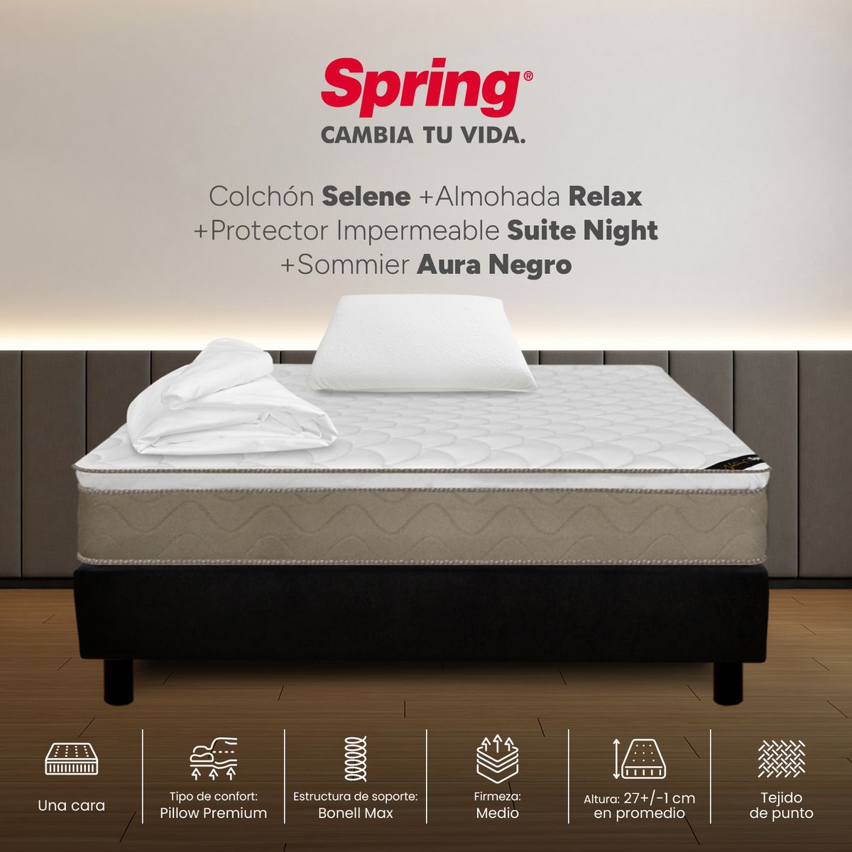 COLCHONES SPRING - Colchón Spring Sencillo Con Base Cama Firmeza Media Ortopédico Resortado Selene 100 x 190 cm + Almohada + Protector