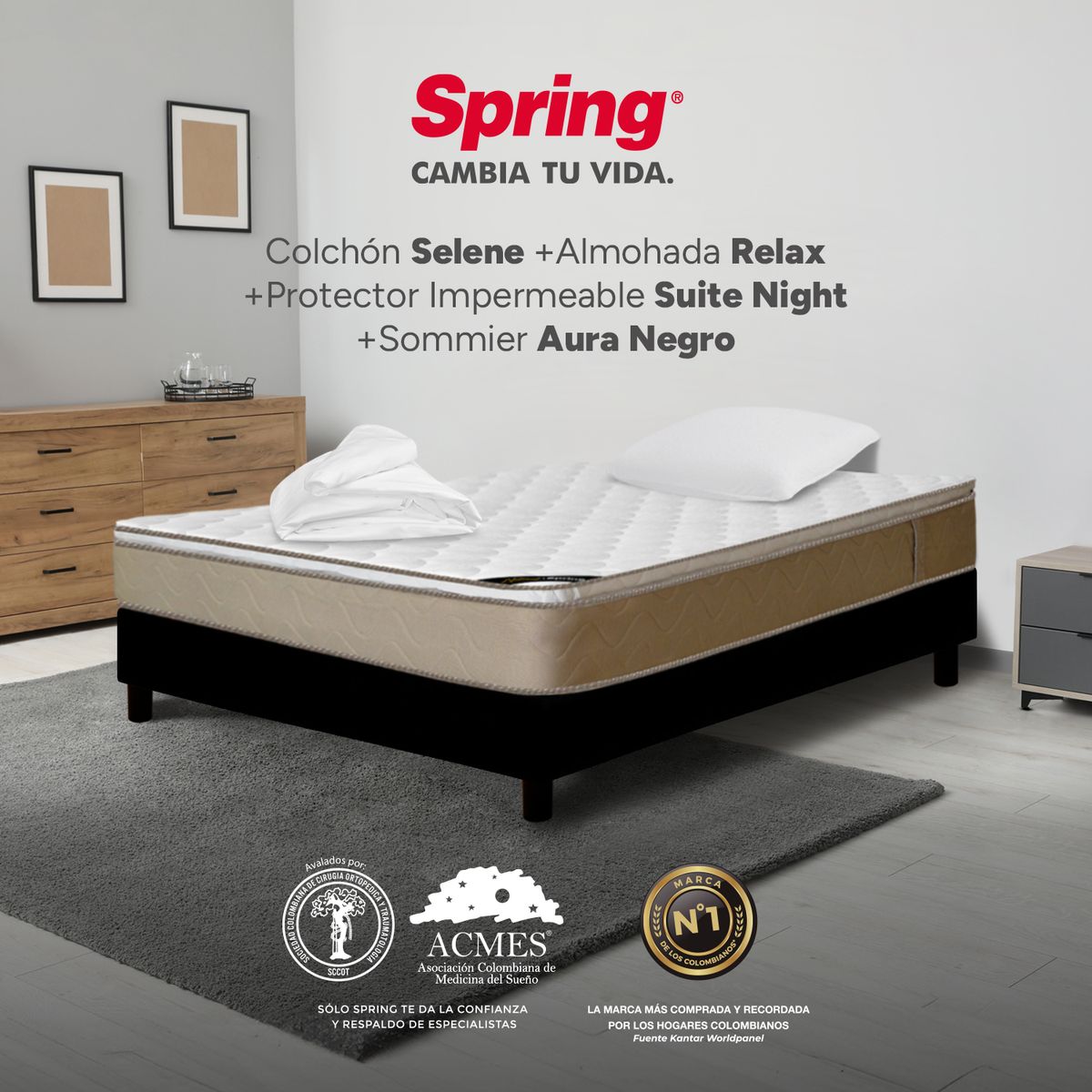 COLCHONES SPRING - Colchón Spring Sencillo Con Base Cama Firmeza Media Ortopédico Resortado Selene 100 x 190 cm + Almohada + Protector