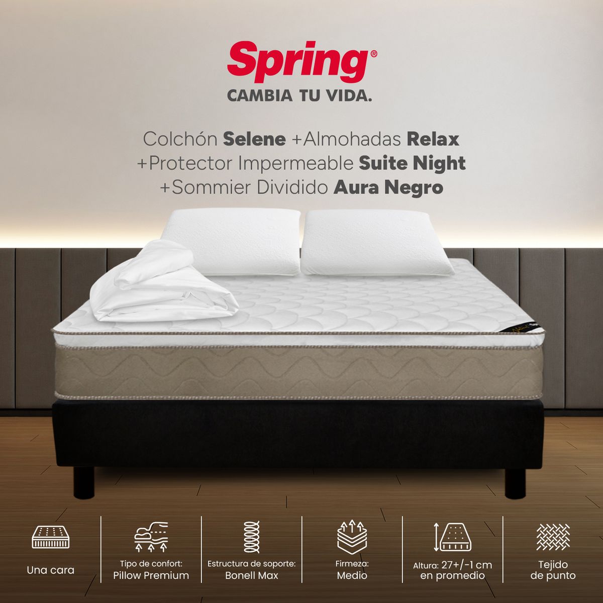 COLCHONES SPRING - Colchón Spring King Con Base Cama Firmeza Media Ortopédico Resortado Selene 200 x 200 cm + 2 Almohadas + Protector