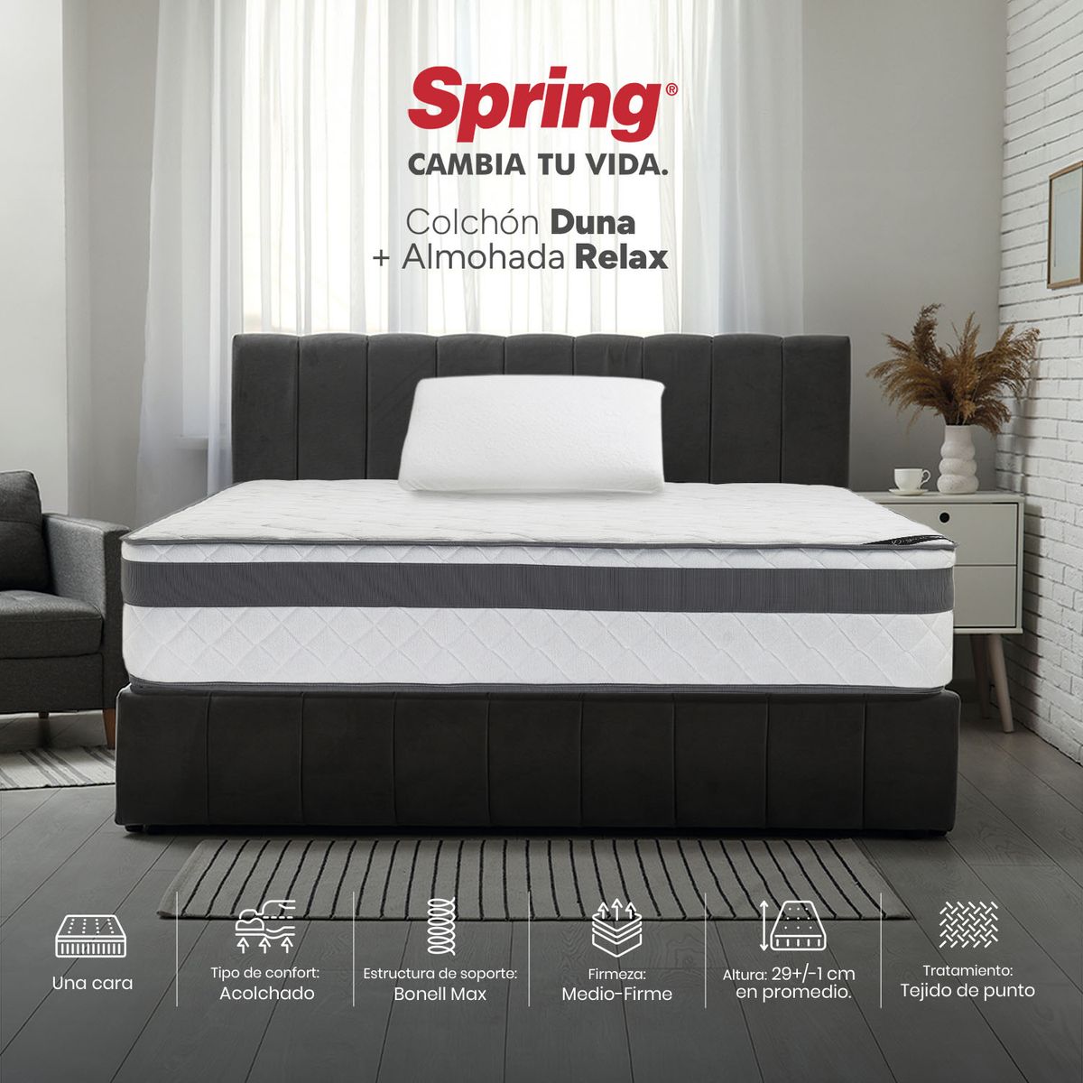 COLCHONES SPRING - Colchón Spring Semidoble Firmeza Media Ortopédico Resortado Duna 120 x 190 cm + Almohada