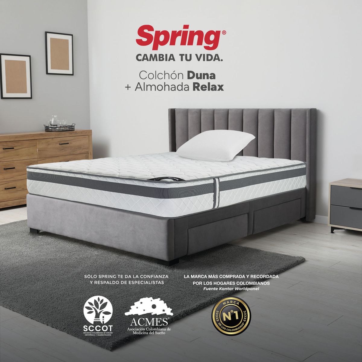 COLCHONES SPRING - Colchón Spring Semidoble Firmeza Media Ortopédico Resortado Duna 120 x 190 cm + Almohada