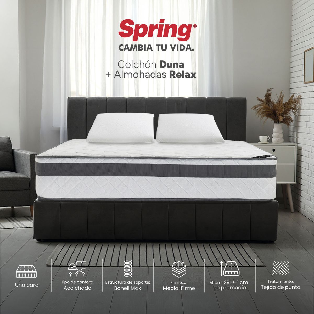 COLCHONES SPRING - Colchón Spring Doble Firmeza Media Ortopédico Resortado Duna 140 x 190 cm + 2 Almohadas