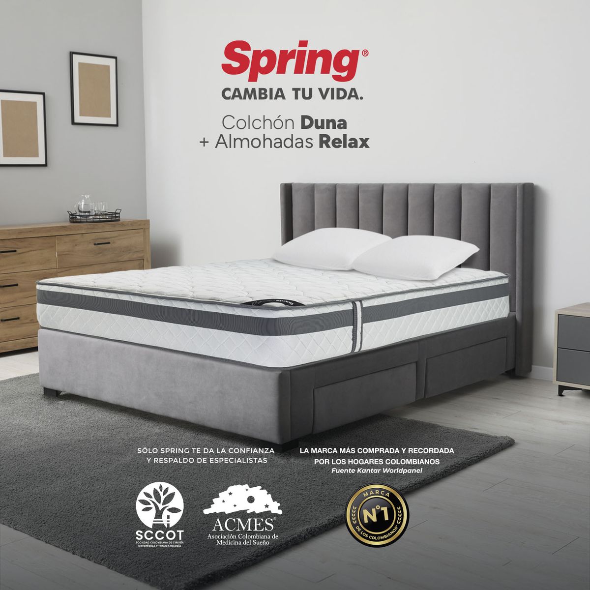 COLCHONES SPRING - Colchón Spring Doble Firmeza Media Ortopédico Resortado Duna 140 x 190 cm + 2 Almohadas
