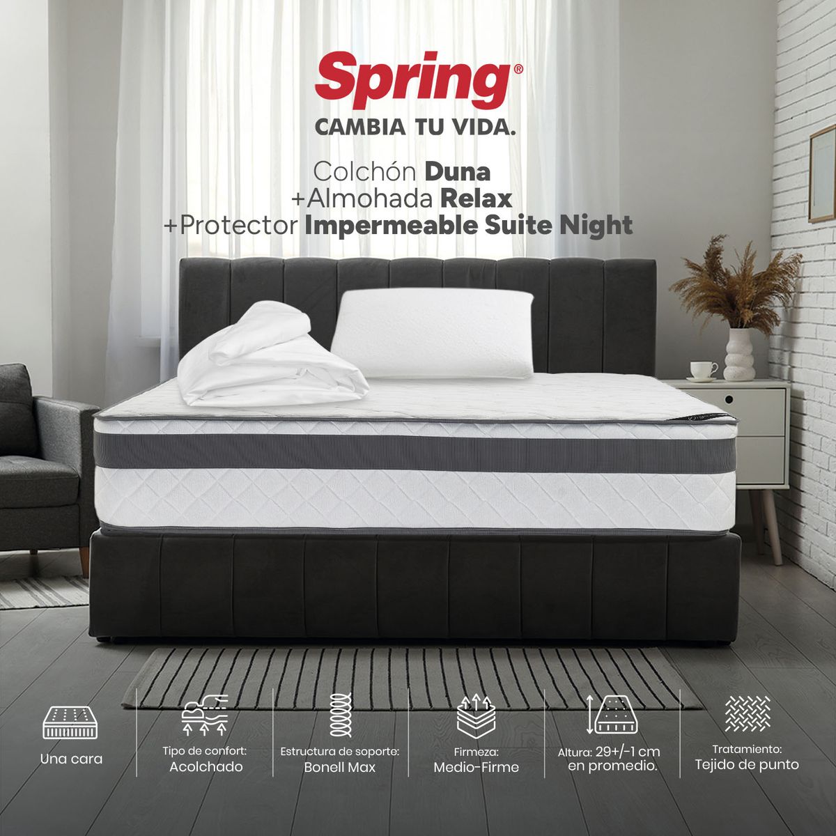COLCHONES SPRING - Colchón Spring Sencillo Firmeza Media Ortopédico Resortado Duna 100 x 190 cm + Almohada + Protector