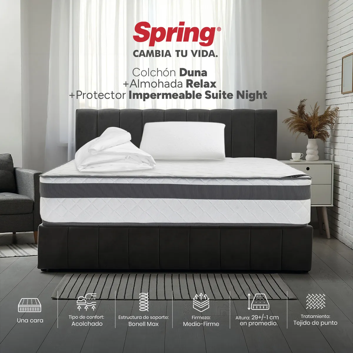 COLCHONES SPRING - Colchón Spring Sencillo Firmeza Media Ortopédico Resortado Duna 100 x 190 cm + Almohada + Protector