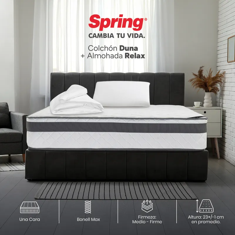 COLCHONES SPRING - Colchón Spring Sencillo Firmeza Media Ortopédico Resortado Duna 100 x 190 cm + Almohada + Protector