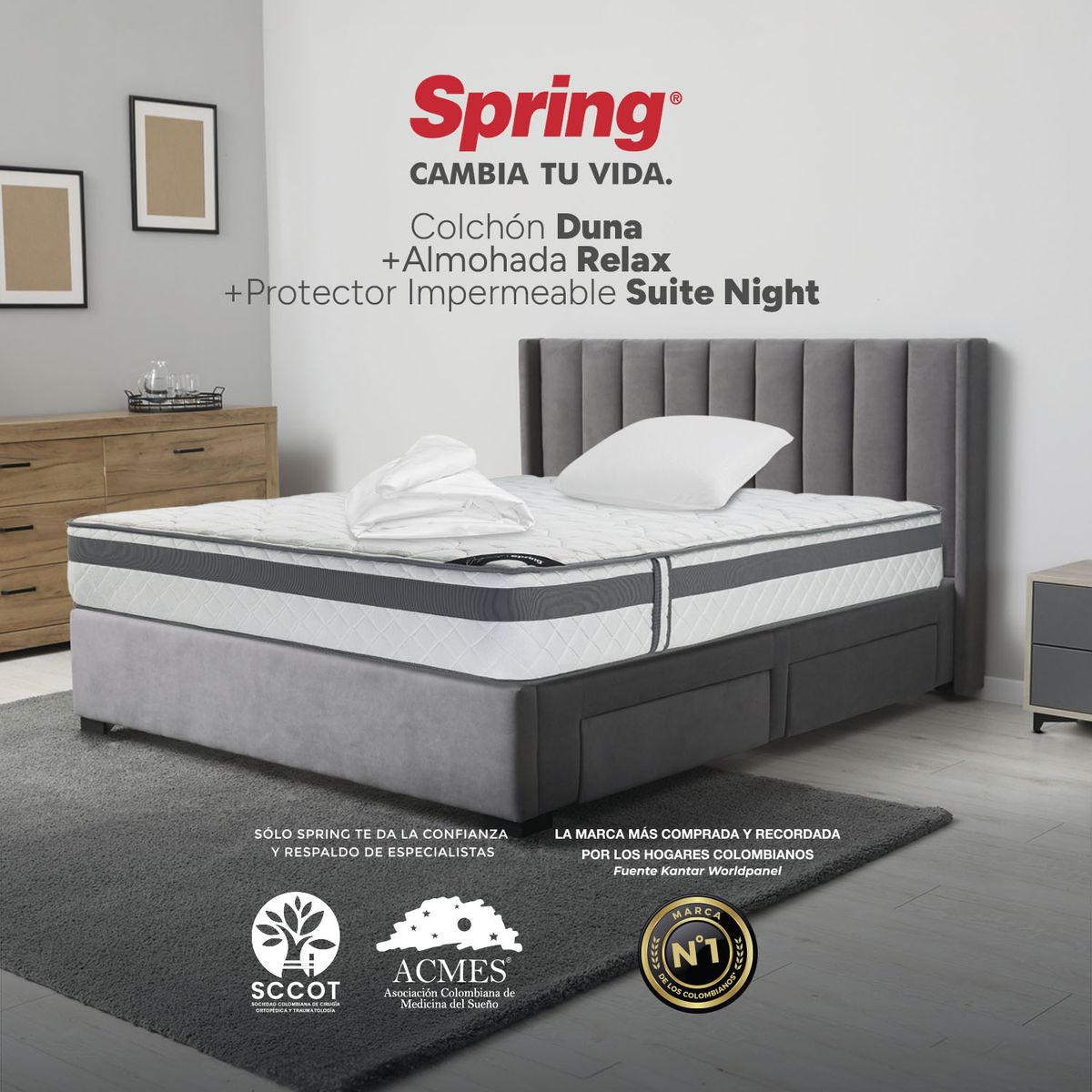 COLCHONES SPRING - Colchón Spring Sencillo Firmeza Media Ortopédico Resortado Duna 100 x 190 cm + Almohada + Protector