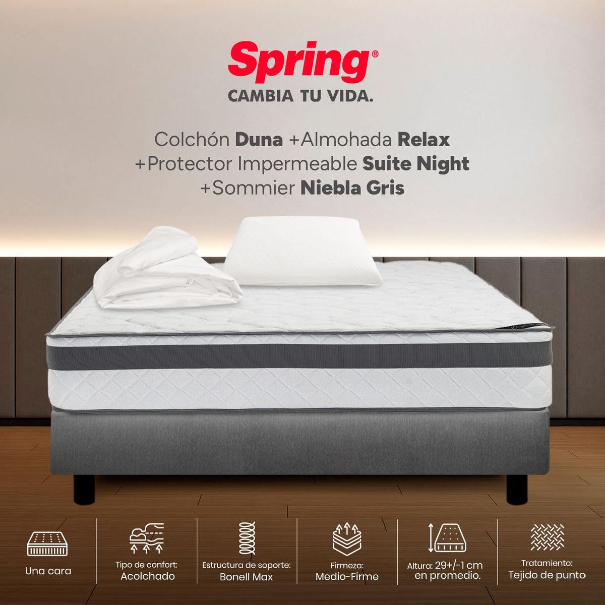 COLCHONES SPRING - Colchón Spring Semidoble Con Base Cama Firmeza Media Ortopédico Resortado Duna 120 x 190 cm + Almohada + Protector