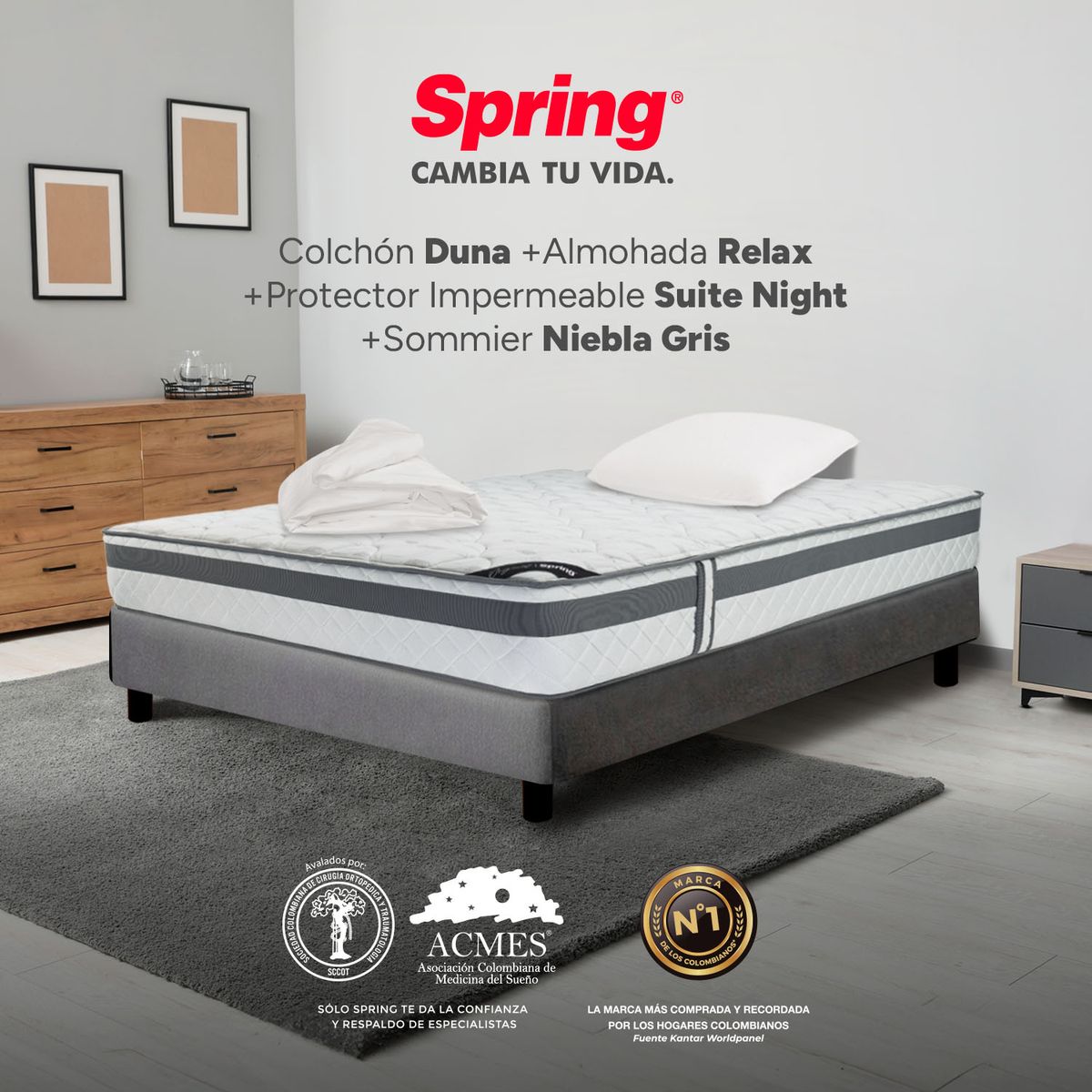 COLCHONES SPRING - Colchón Spring Semidoble Con Base Cama Firmeza Media Ortopédico Resortado Duna 120 x 190 cm + Almohada + Protector