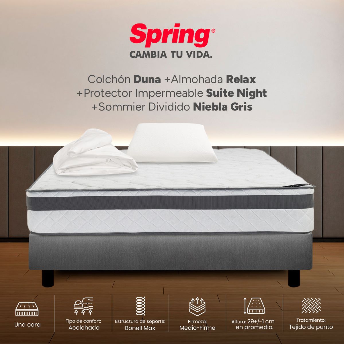 COLCHONES SPRING - Colchón Spring Semidoble Con Base Cama Firmeza Media Ortopédico Resortado Duna 120 x 190 cm + Almohada + Protector