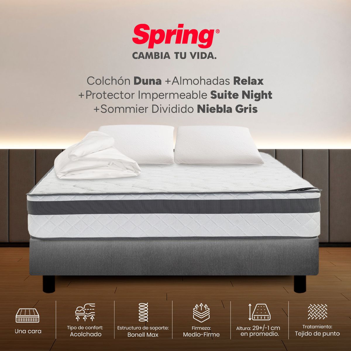 COLCHONES SPRING - Colchón Spring Doble Con Base Cama Firmeza Media Ortopédico Resortado Duna 140 x 190 cm + 2 Almohadas + Protector