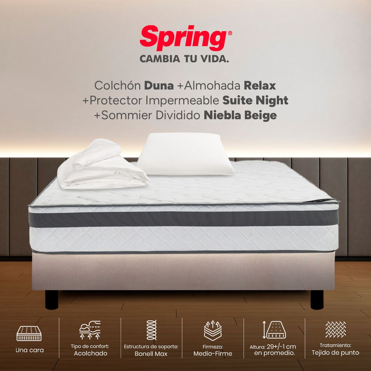 COLCHONES SPRING - Colchón Spring Semidoble Con Base Cama Firmeza Media Ortopédico Resortado Duna 120 x 190 cm + Almohada + Protector