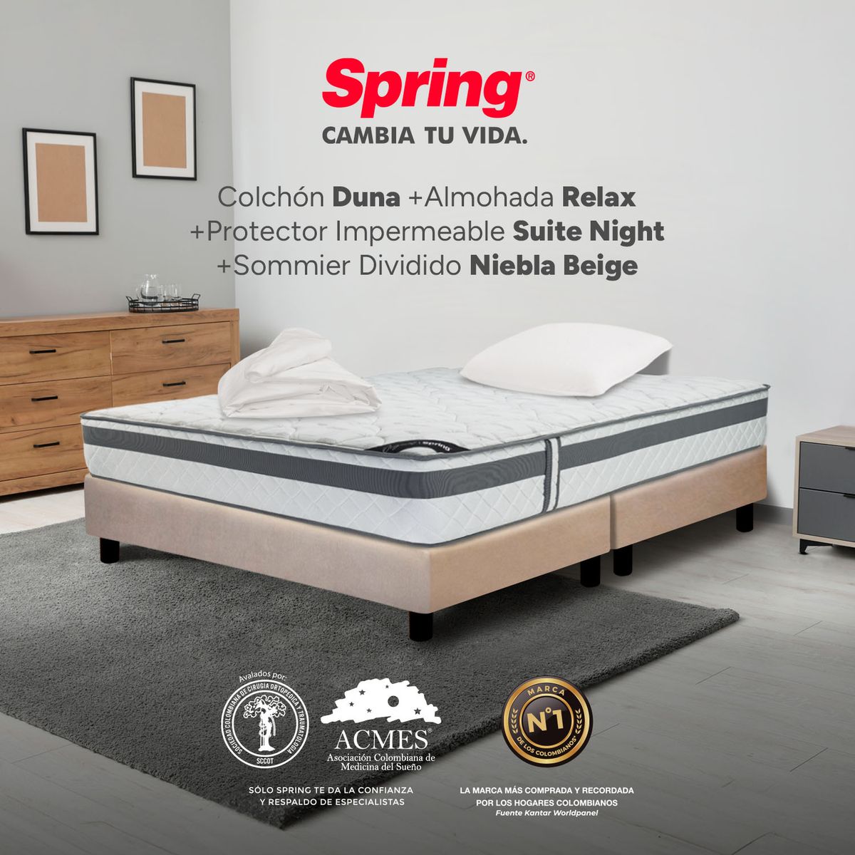 COLCHONES SPRING - Colchón Spring Semidoble Con Base Cama Firmeza Media Ortopédico Resortado Duna 120 x 190 cm + Almohada + Protector