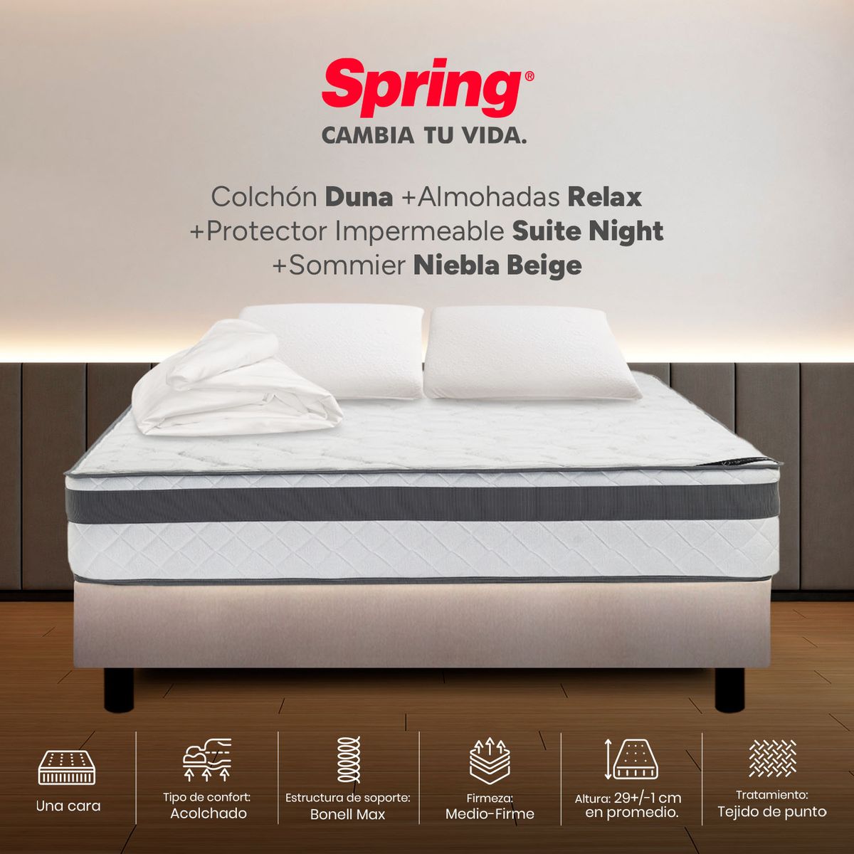 COLCHONES SPRING - Colchón Spring Doble Con Base Cama Firmeza Media Ortopédico Resortado Duna 140 x 190 cm + 2 Almohadas + Protector