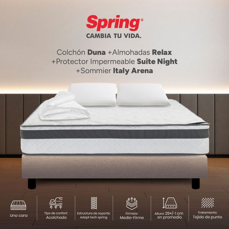 COLCHONES SPRING - Colchón Spring Doble Con Base Cama Firmeza Media Ortopédico Resortado Duna 140 x 190 cm + 2 Almohadas + Protector
