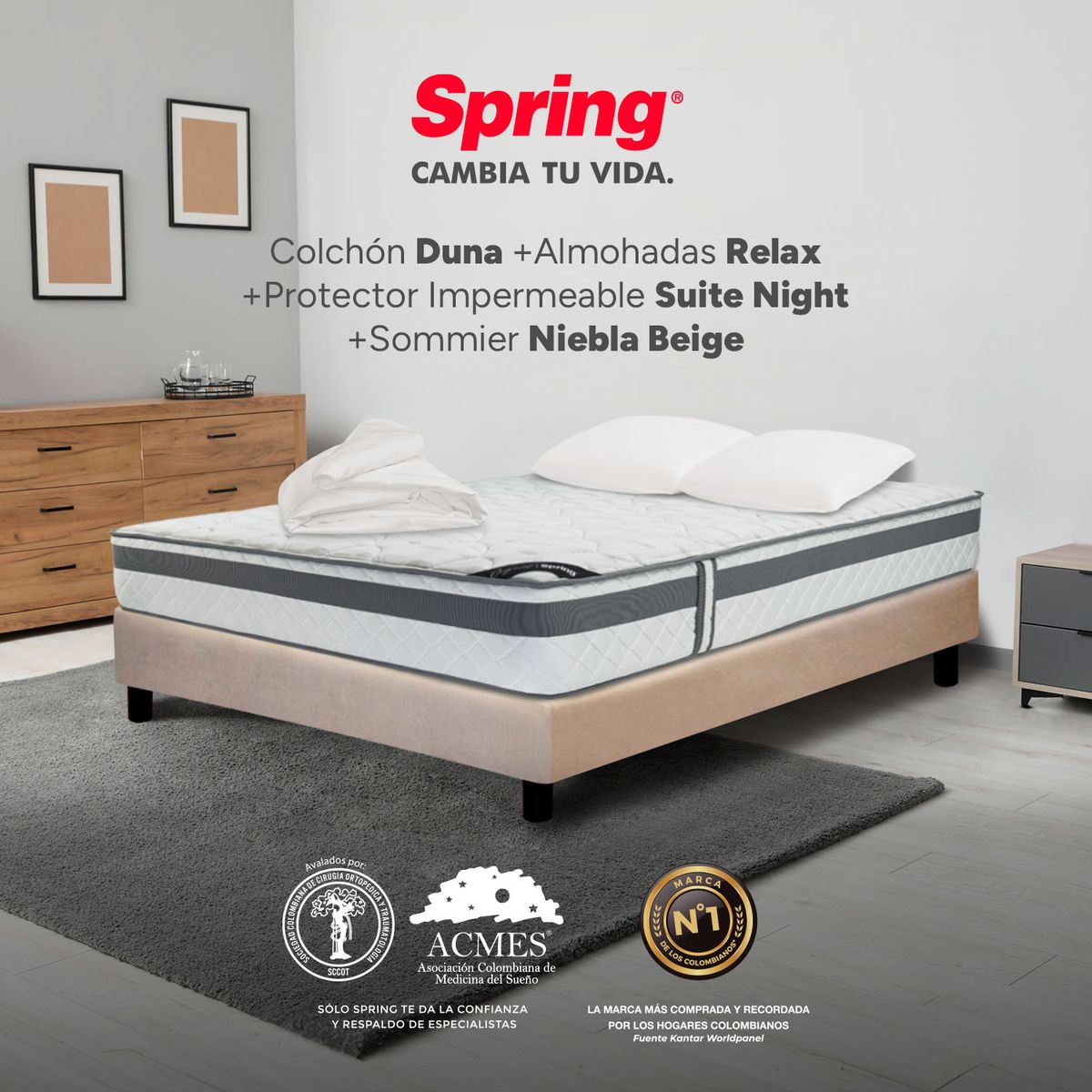 COLCHONES SPRING - Colchón Spring Doble Con Base Cama Firmeza Media Ortopédico Resortado Duna 140 x 190 cm + 2 Almohadas + Protector