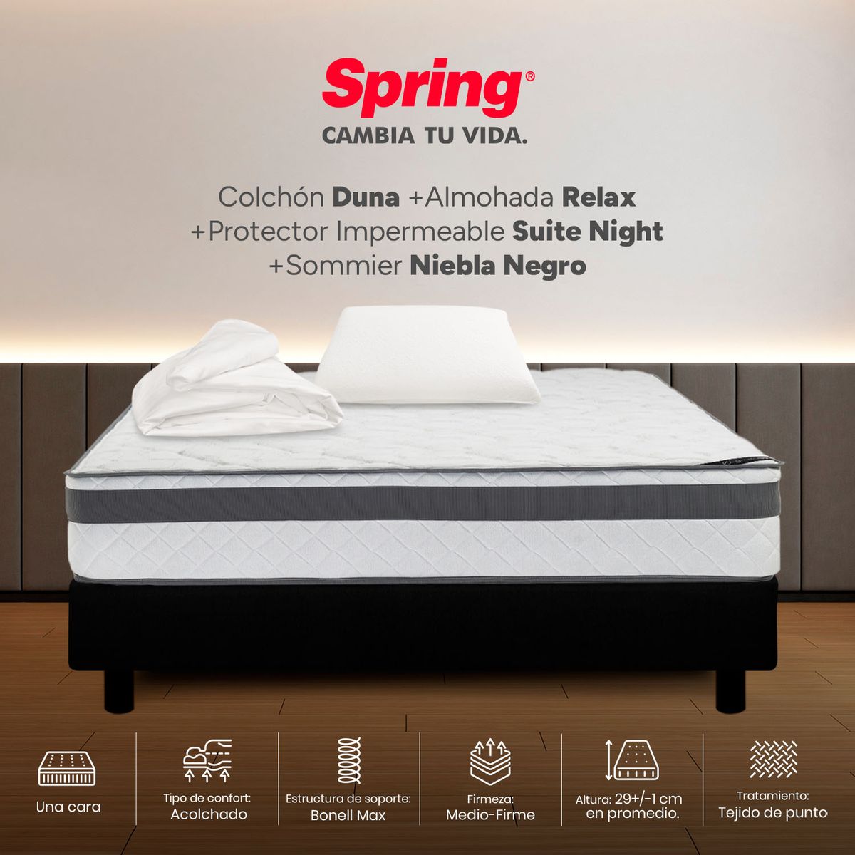 COLCHONES SPRING - Colchón Spring Sencillo Con Base Cama Firmeza Media Ortopédico Resortado Duna 100 x 190 cm + Almohada + Protector
