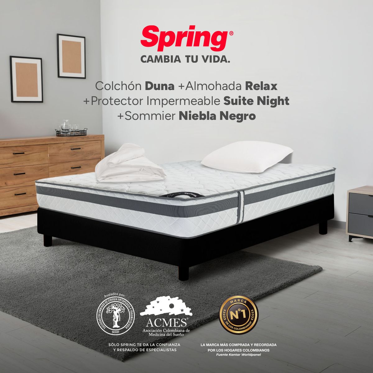 COLCHONES SPRING - Colchón Spring Sencillo Con Base Cama Firmeza Media Ortopédico Resortado Duna 100 x 190 cm + Almohada + Protector