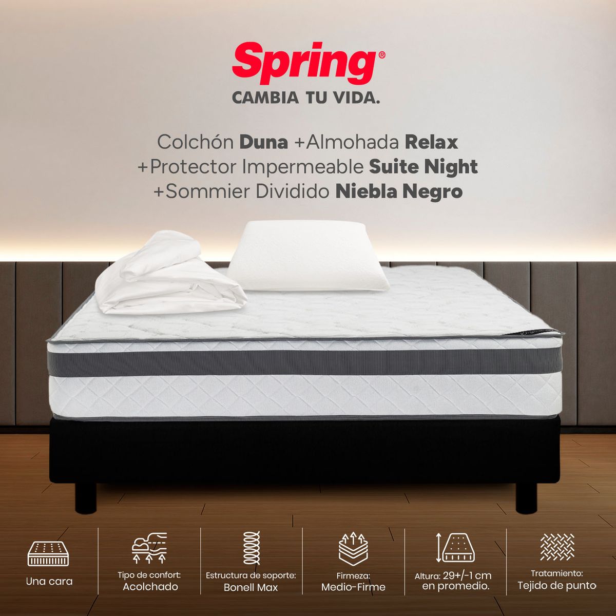 COLCHONES SPRING - Colchón Spring Semidoble Con Base Cama Firmeza Media Ortopédico Resortado Duna 120 x 190 cm + Almohada + Protector