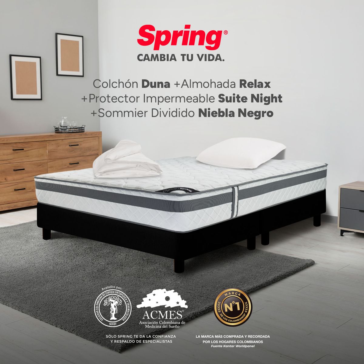 COLCHONES SPRING - Colchón Spring Semidoble Con Base Cama Firmeza Media Ortopédico Resortado Duna 120 x 190 cm + Almohada + Protector