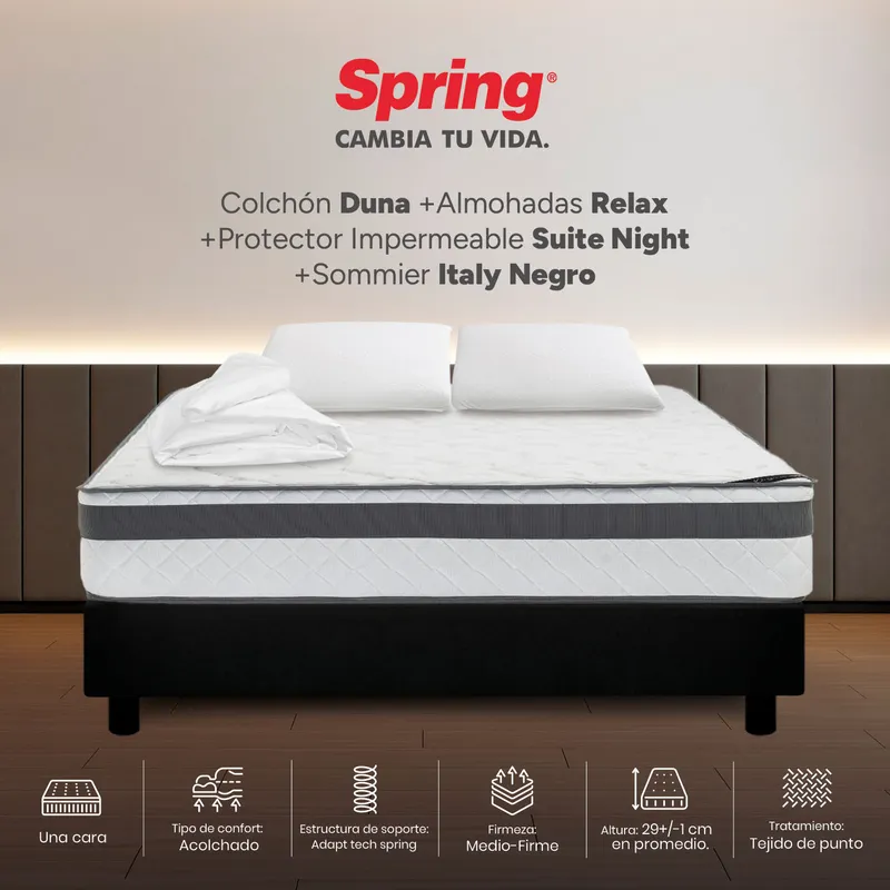 COLCHONES SPRING - Colchón Spring Doble Con Base Cama Firmeza Media Ortopédico Resortado Duna 140 x 190 cm + 2 Almohadas + Protector
