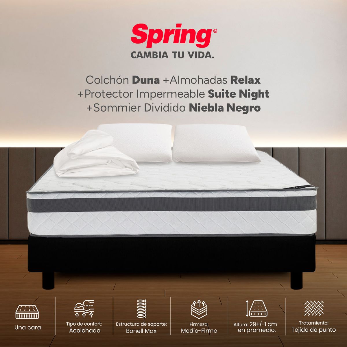 COLCHONES SPRING - Colchón Spring Doble Con Base Cama Firmeza Media Ortopédico Resortado Duna 140 x 190 cm + 2 Almohadas + Protector
