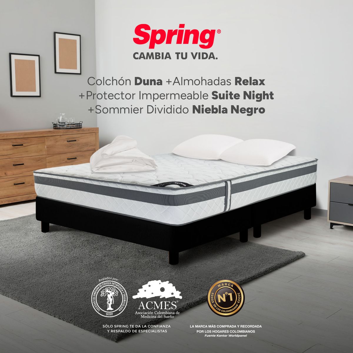 COLCHONES SPRING - Colchón Spring Doble Con Base Cama Firmeza Media Ortopédico Resortado Duna 140 x 190 cm + 2 Almohadas + Protector