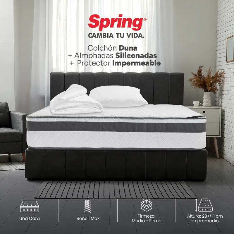 COLCHONES SPRING - Colchón Spring Sencillo Firmeza Media Ortopédico Resortado Duna 100 x 190 cm + Almohada + Protector