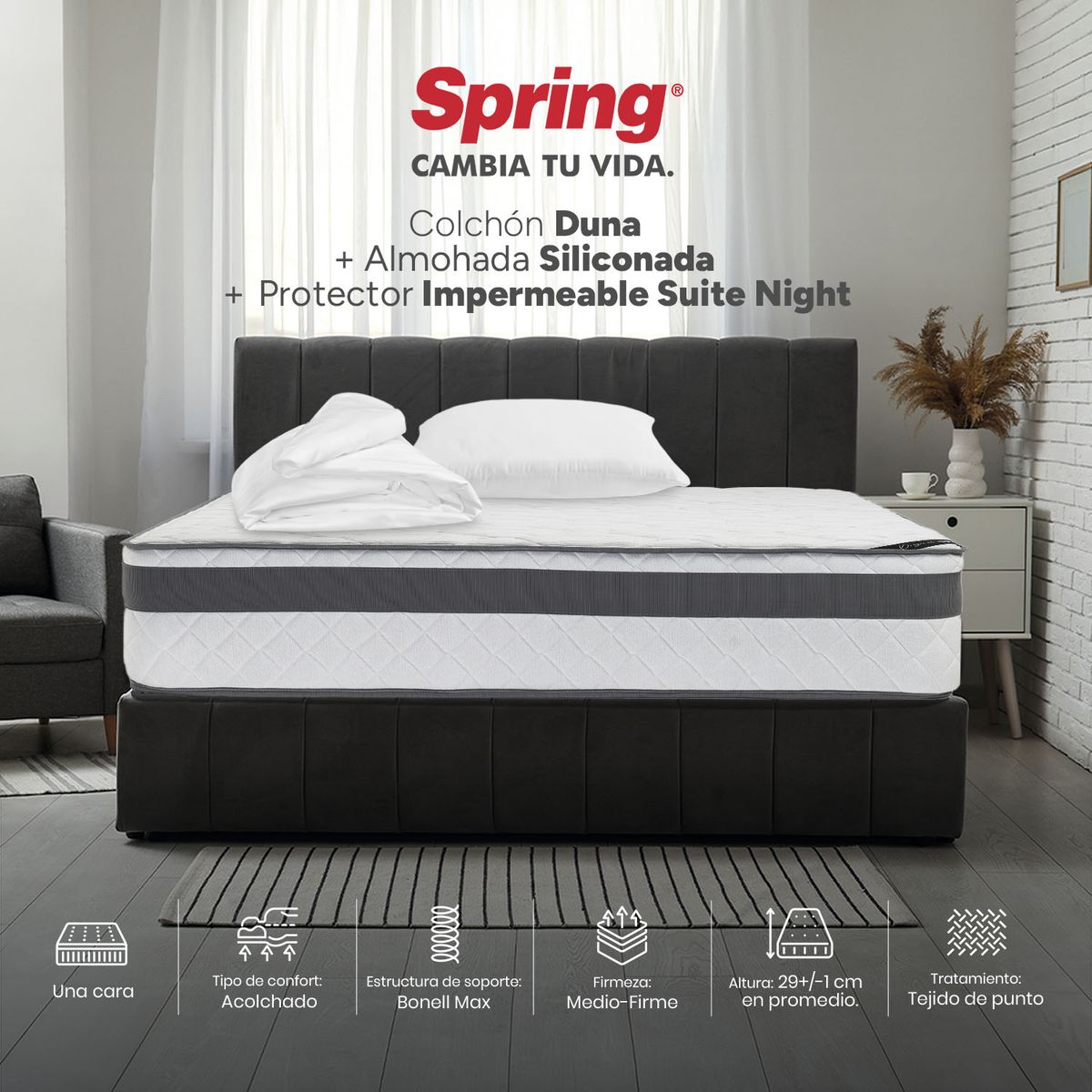 COLCHONES SPRING - Colchón Spring Semidoble Firmeza Media Ortopédico Resortado Duna 120 x 190 cm + Almohada + Protector