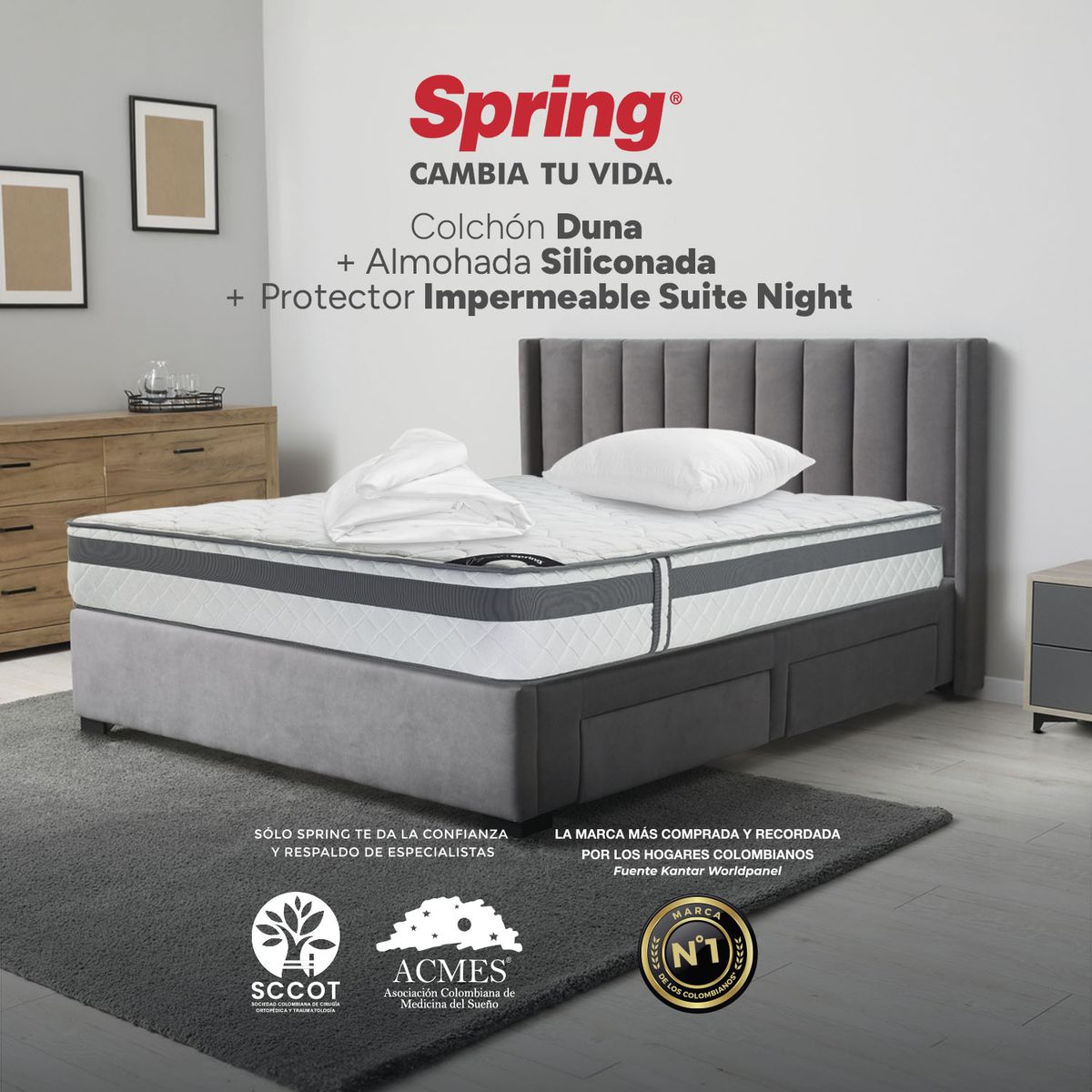 COLCHONES SPRING - Colchón Spring Semidoble Firmeza Media Ortopédico Resortado Duna 120 x 190 cm + Almohada + Protector