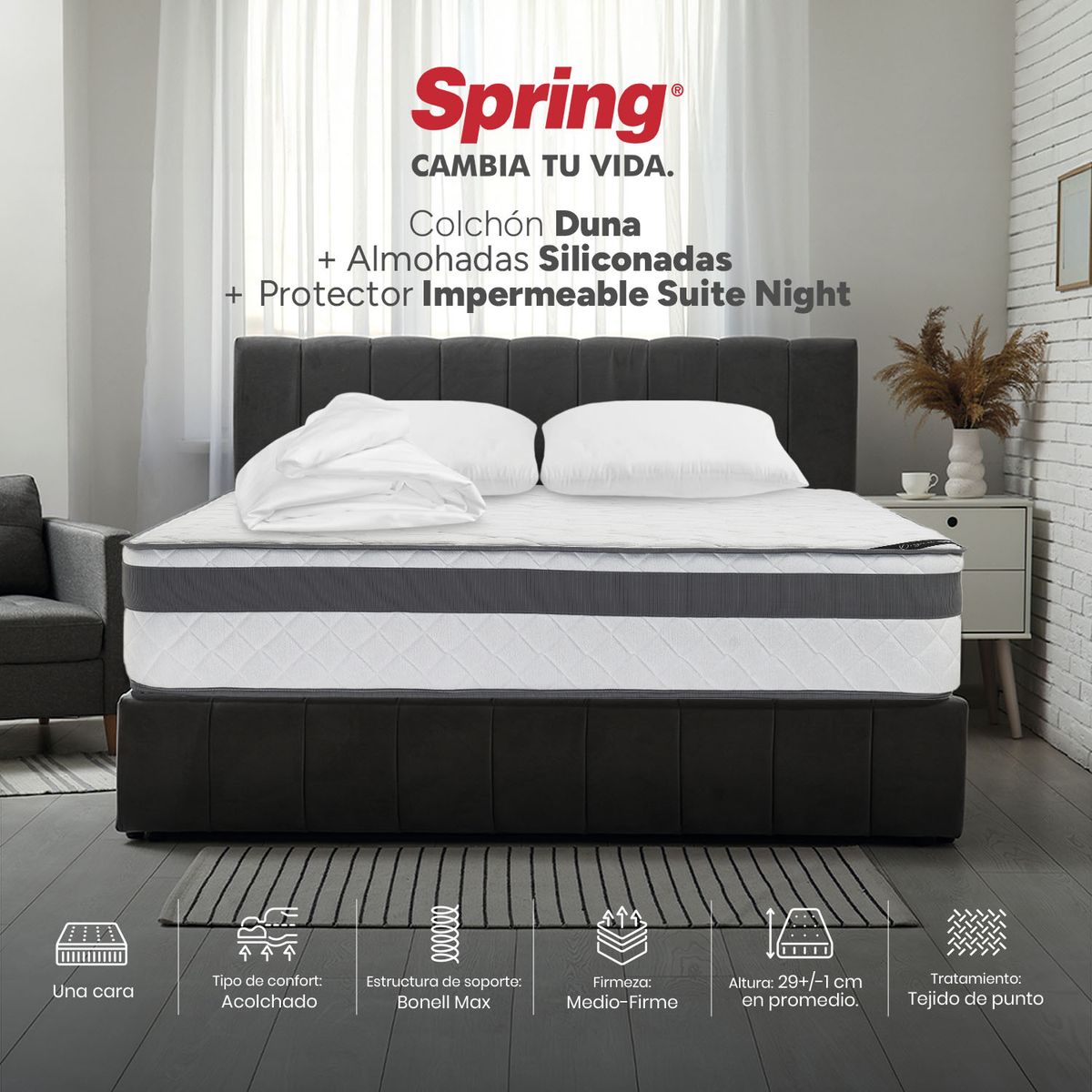 COLCHONES SPRING - Colchón Spring Doble Firmeza Media Ortopédico Resortado Duna 140 x 190 cm + 2 Almohadas + Protector