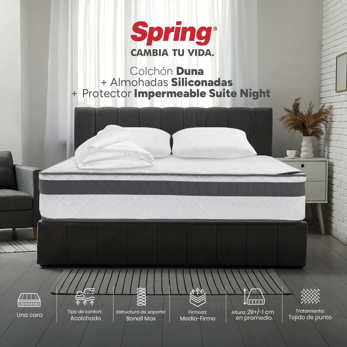 COLCHONES SPRING - Colchón Spring Doble Firmeza Media Ortopédico Resortado Duna 140 x 190 cm + 2 Almohadas + Protector