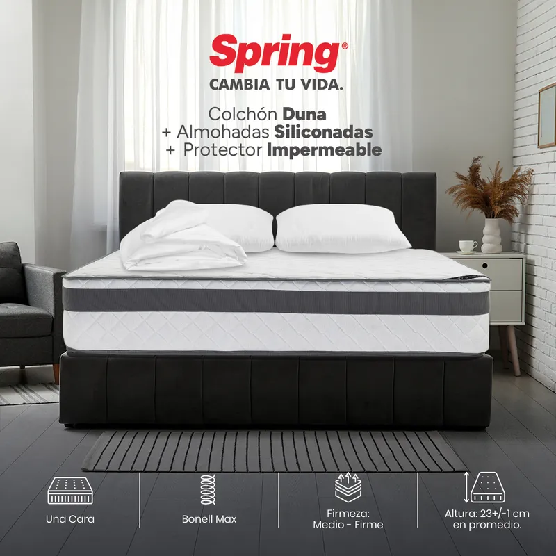 COLCHONES SPRING - Colchón Spring Doble Firmeza Media Ortopédico Resortado Duna 140 x 190 cm + 2 Almohadas + Protector