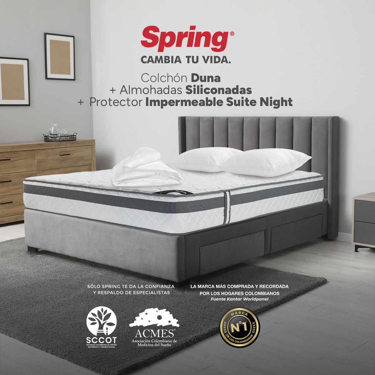 COLCHONES SPRING - Colchón Spring Doble Firmeza Media Ortopédico Resortado Duna 140 x 190 cm + 2 Almohadas + Protector