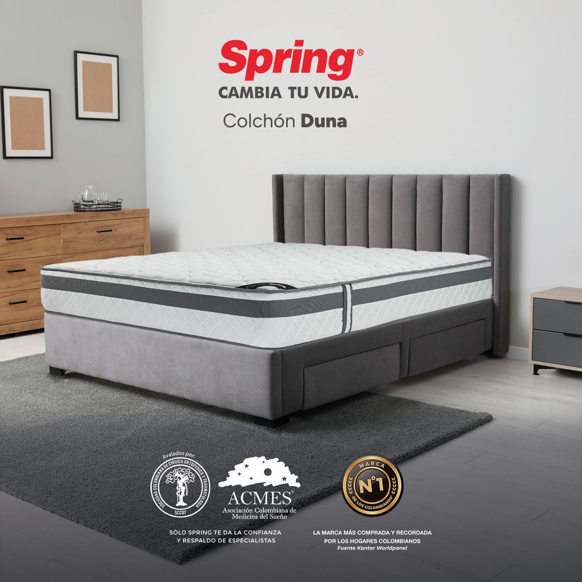 COLCHONES SPRING - Colchón Spring Sencillo Firmeza Media Ortopédico Resortado Duna 100 x 190 cm