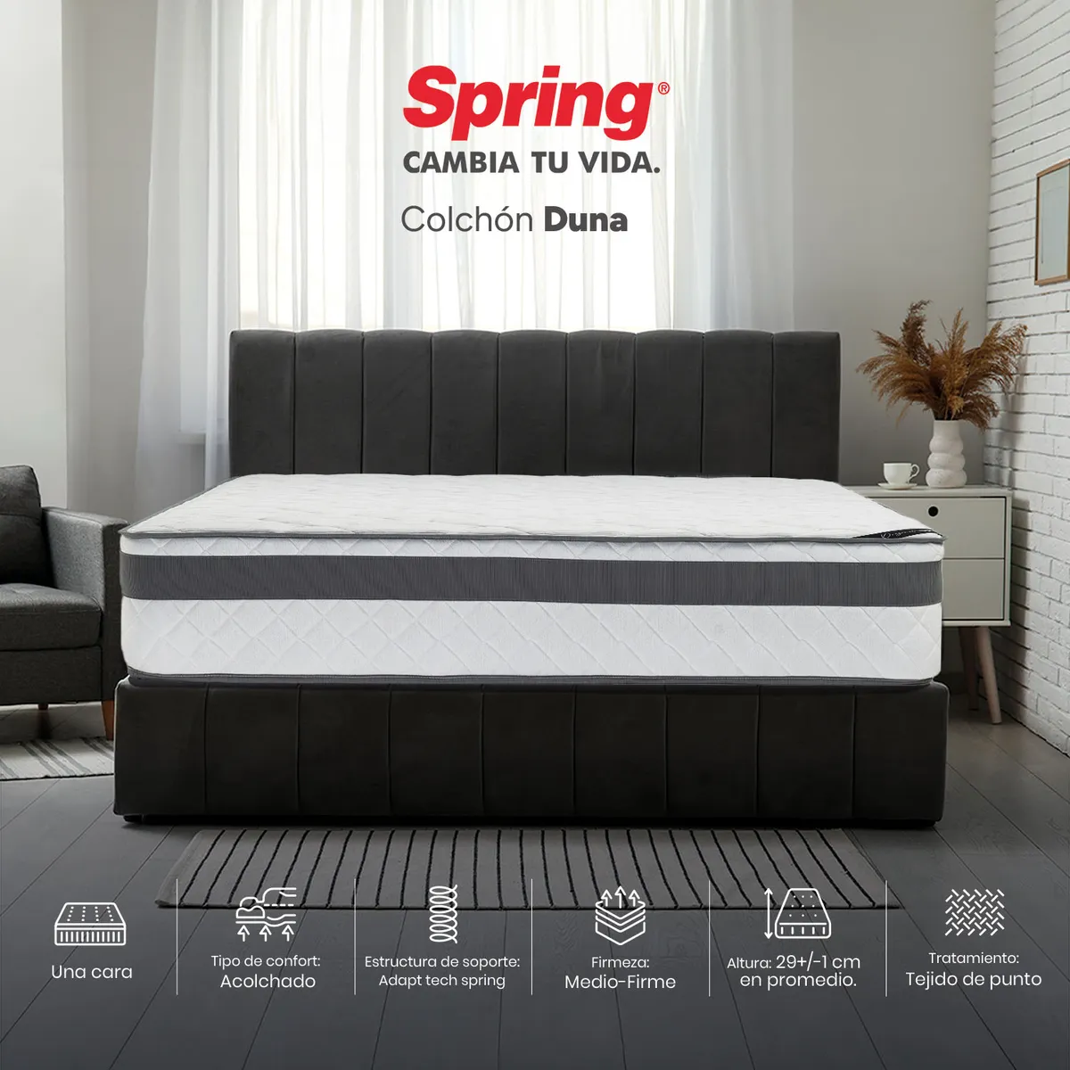 COLCHONES SPRING - Colchón Spring Semidoble Firmeza Media Ortopédico Resortado Duna 120 x 190 cm