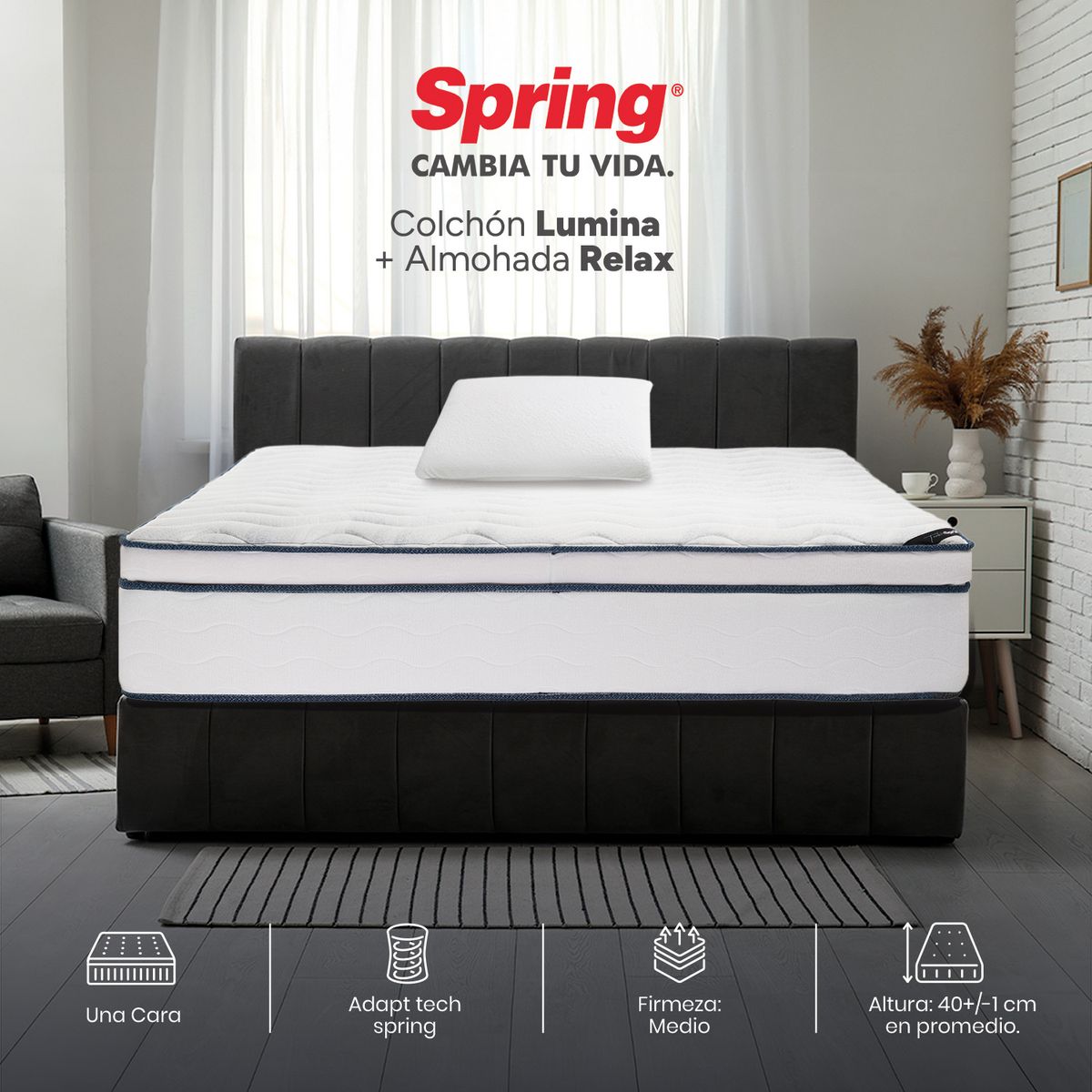 COLCHONES SPRING - Colchón Spring Semidoble Firmeza Media Ortopédico Resortado Lumina 120 x 190 cm + Almohada