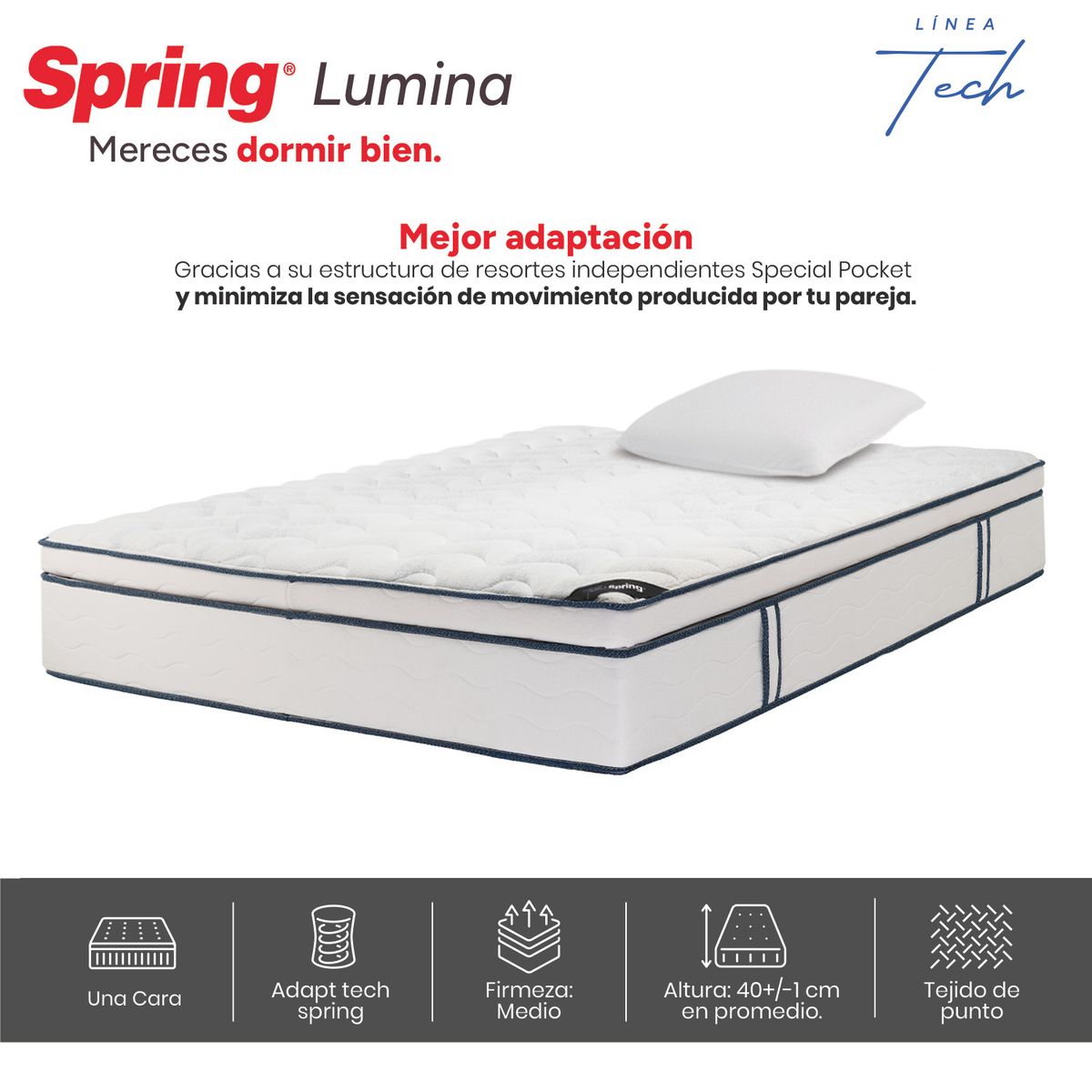 COLCHONES SPRING - Colchón Spring Semidoble Firmeza Media Ortopédico Resortado Lumina 120 x 190 cm + Almohada