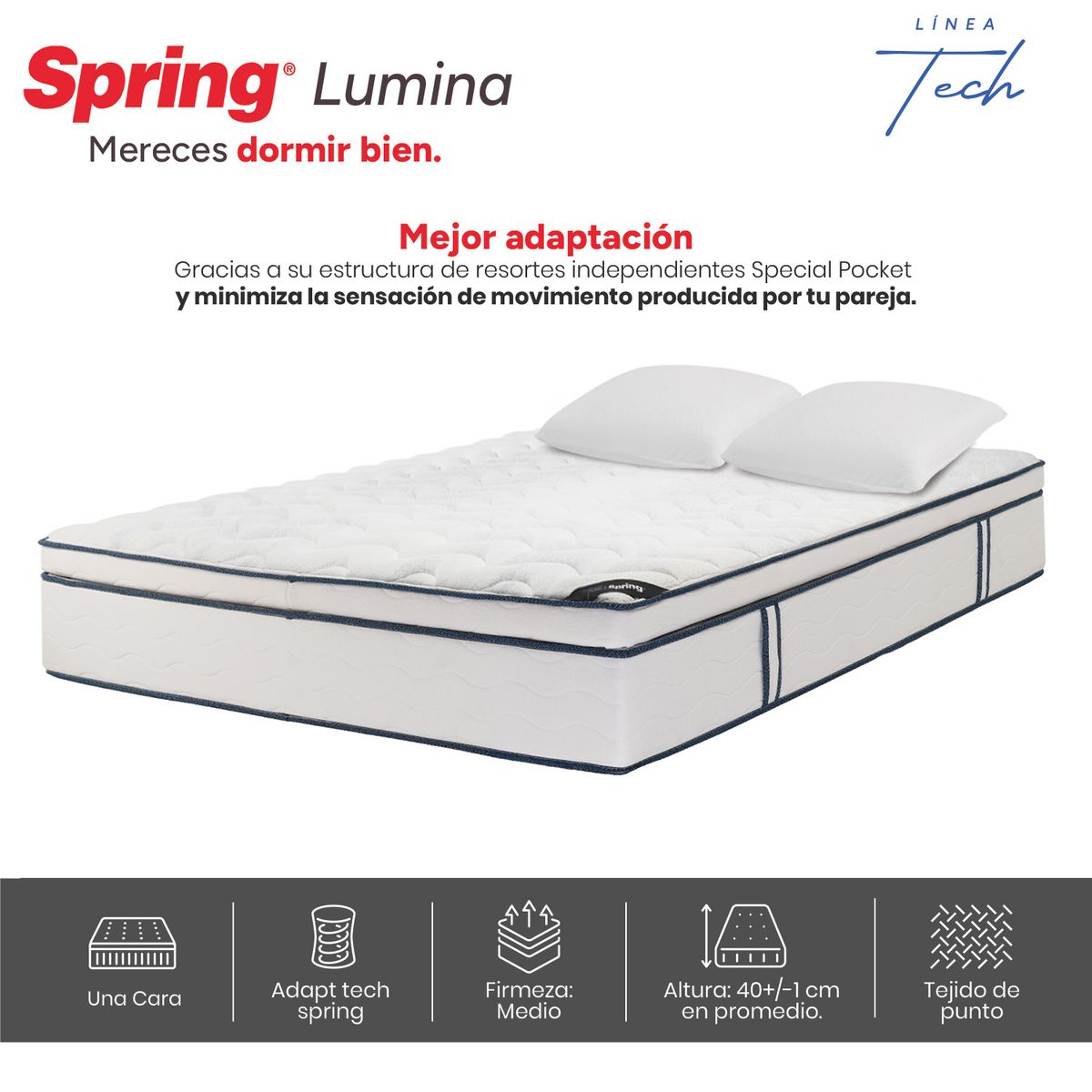 COLCHONES SPRING - Colchón Spring King Firmeza Media Ortopédico Resortado Lumina 200 x 200 cm + 2 Almohadas