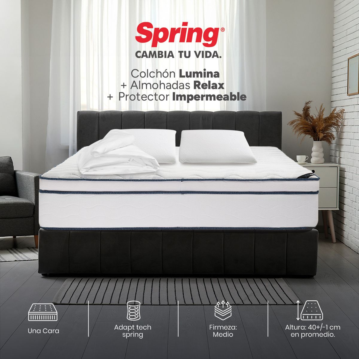 COLCHONES SPRING - Colchón Spring King Firmeza Media Ortopédico Resortado Lumina 200 x 200 cm + 2 Almohadas + Protector