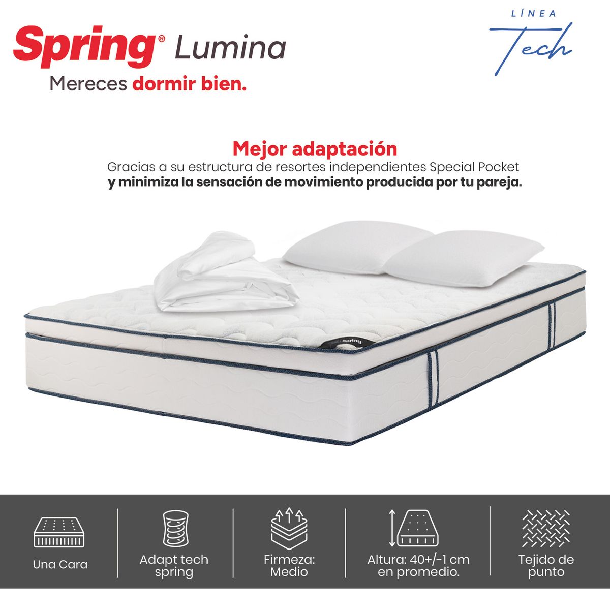 COLCHONES SPRING - Colchón Spring King Firmeza Media Ortopédico Resortado Lumina 200 x 200 cm + 2 Almohadas + Protector
