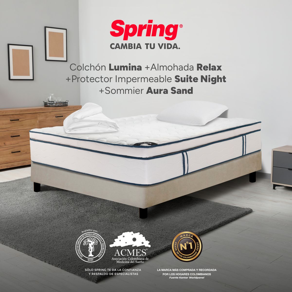 COLCHONES SPRING - Colchón Spring Semidoble Con Base Cama Firmeza Media Ortopédico Resortado Lumina 120 x 190 cm + Almohada + Protector