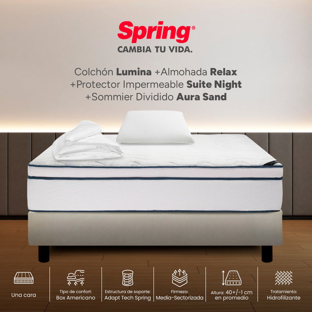 COLCHONES SPRING - Colchón Spring Semidoble Con Base Cama Firmeza Media Ortopédico Resortado Lumina 120 x 190 cm + Almohada + Protector